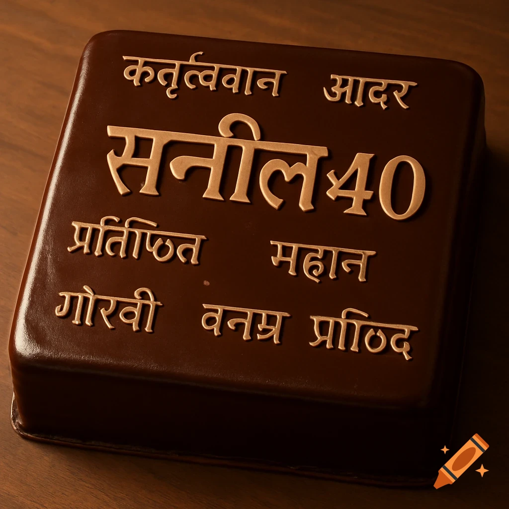 A square chocolate ganache cake with gold Marathi text including "Sanil 40" and descriptive words for a great person.