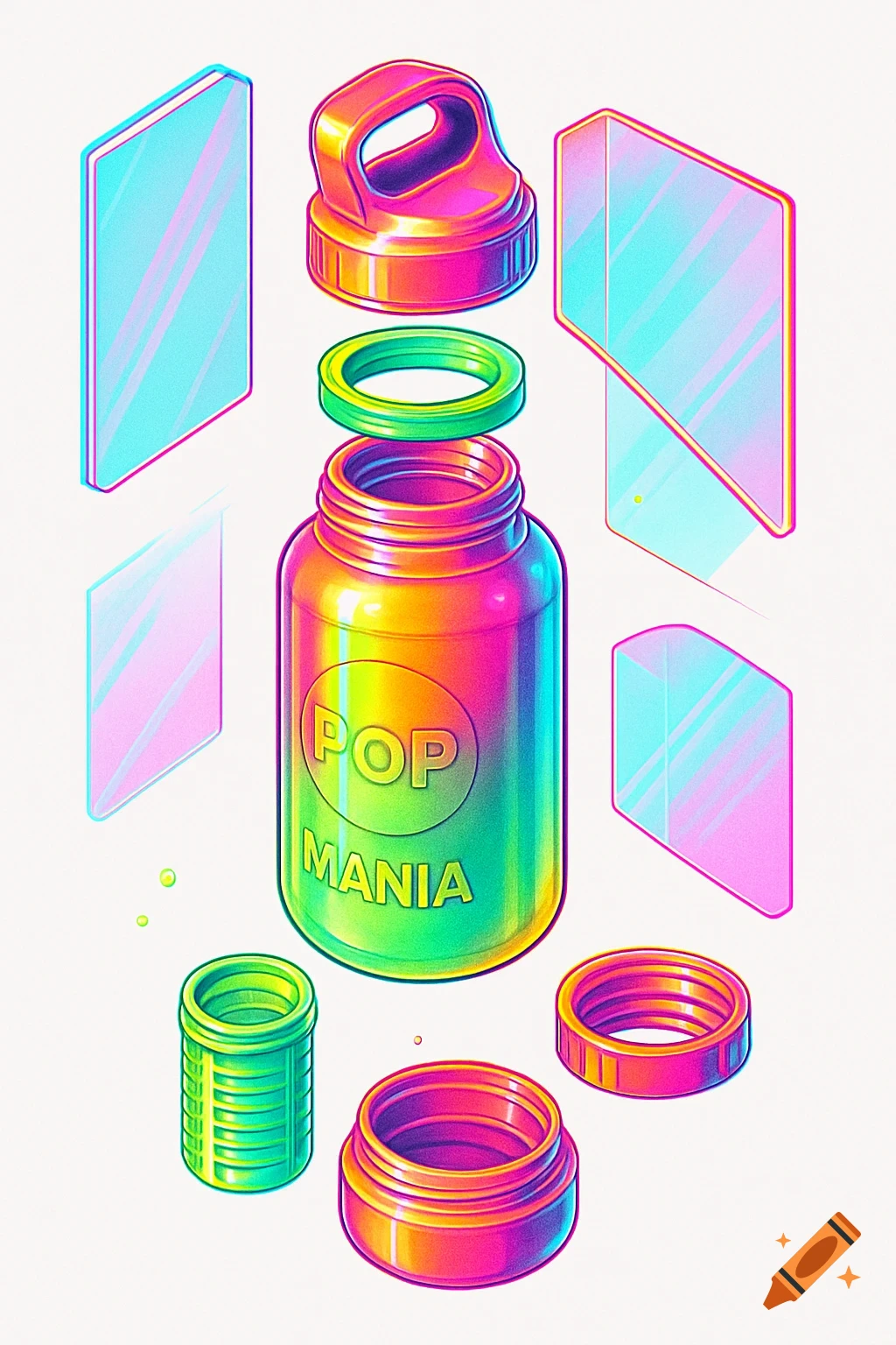 Exploded isometric illustration of a colorful 'Pop Mania' water bottle, showing its disassembled parts against a white background.