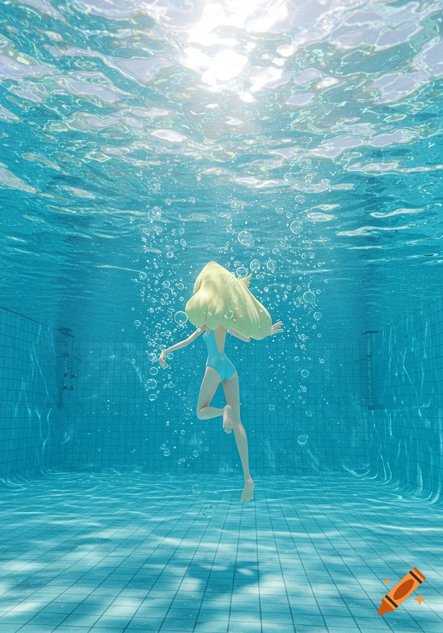 A stylized blonde figure in a blue swimsuit swims gracefully underwater in a bright blue swimming pool, with light and bubbles.