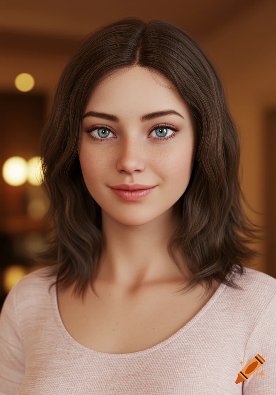 Photorealistic portrait of a smiling young woman with brown hair and blue eyes, wearing a light pink shirt.
