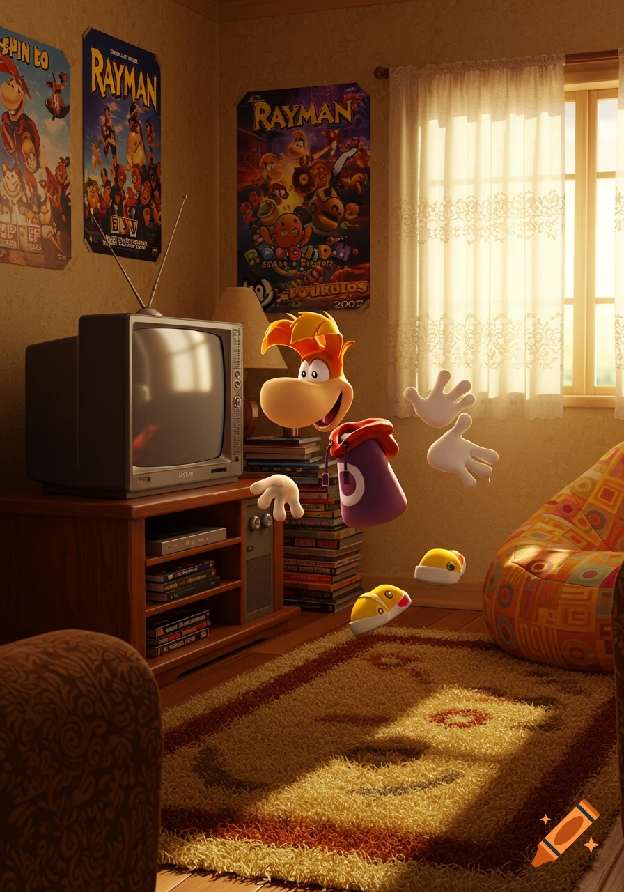 A 3D render of the video game character Rayman floating in a cozy, sunlit room with an old TV, shelves of media, and posters on the wall.