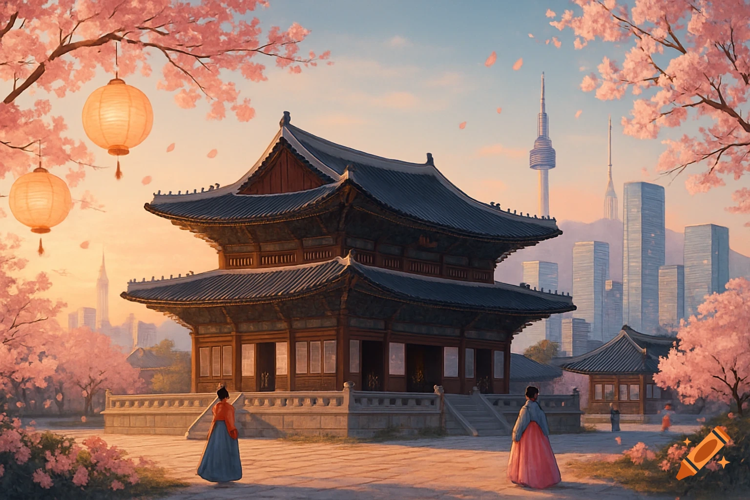 Traditional Korean palace with cherry blossoms, two figures in hanbok, and a city skyline with N Seoul Tower at sunset.