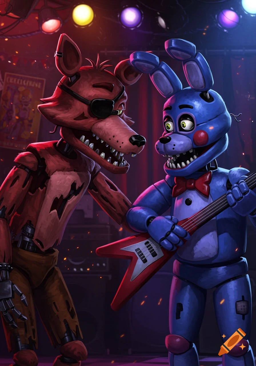 Foxy, a red animatronic fox, leans towards Bonnie, a blue animatronic rabbit playing a red guitar on a dimly lit stage.