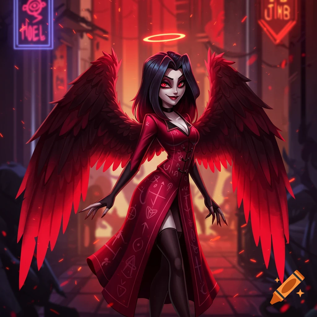 A female demon in Hazbin Hotel style, with long black hair, red eyes, fangs, and large red wings, wearing a long red coat over black stockings, with a red halo above her head, standing in a dark, red-lit street with neon signs.