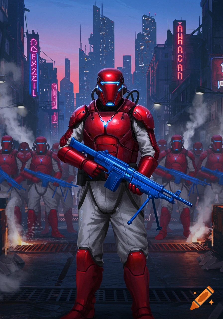 Red armored soldiers with blue machine guns stand in a futuristic cyberpunk city with neon signs.