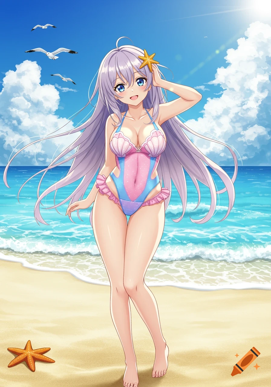 An anime girl with long lavender hair and blue eyes smiles on a sandy beach, wearing a pink and blue seashell-themed swimsuit. Seagulls fly overhead and a starfish is on the sand.