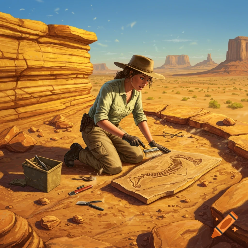 A female paleontologist in a hat and gloves kneels in a rocky desert, carefully brushing dirt from a large fossilized skeleton.
