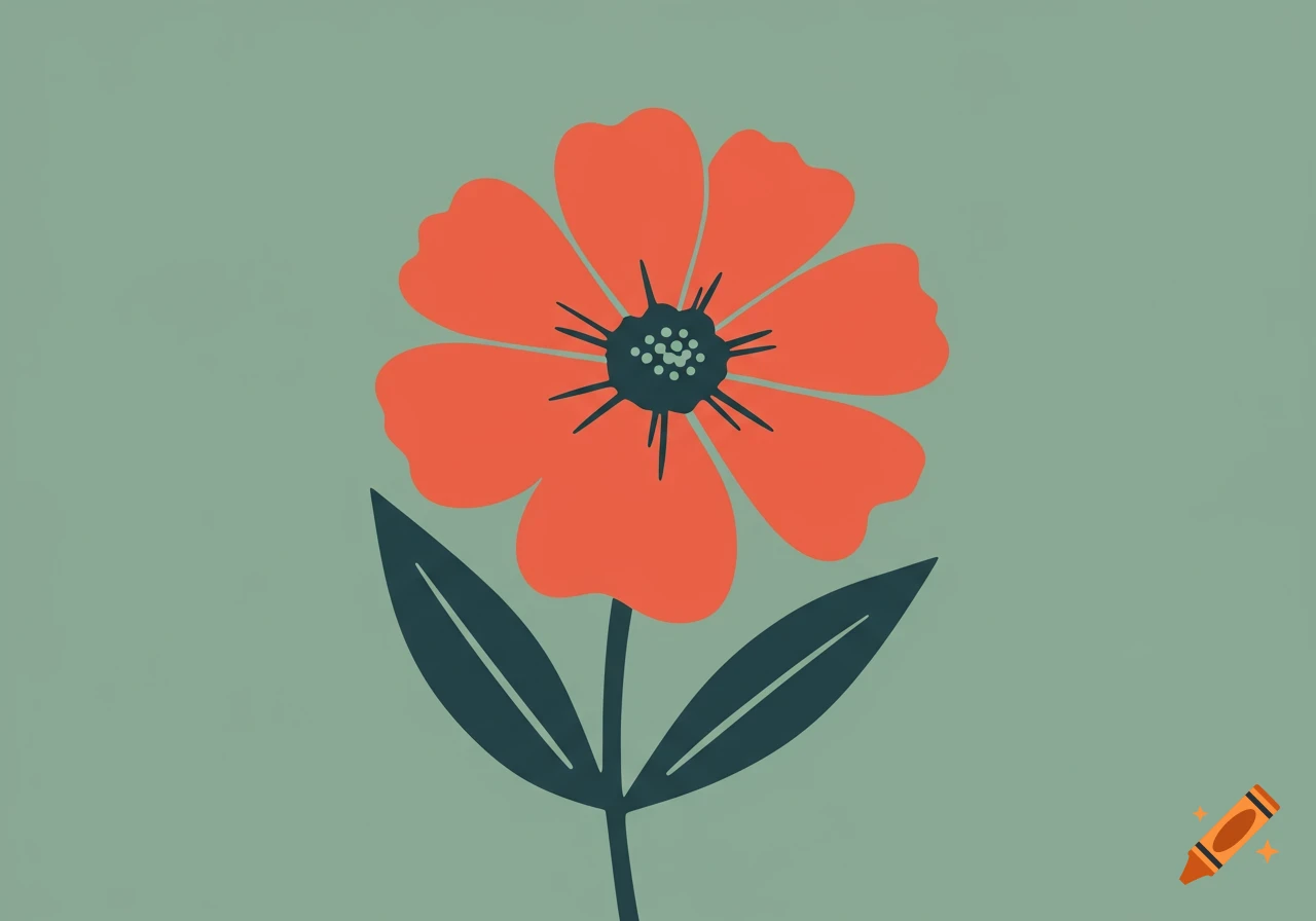 A stylized graphic illustration of an orange flower with dark leaves and stem on a sage green background, in a flat silkscreen style.