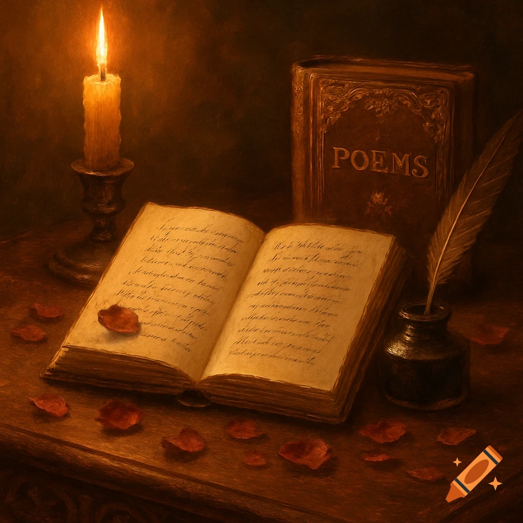 A warmly lit still life with an open book, a candle, an inkwell with a quill, and red rose petals scattered on a wooden table. A closed book titled "POEMS" stands in the background, all in an antique style.