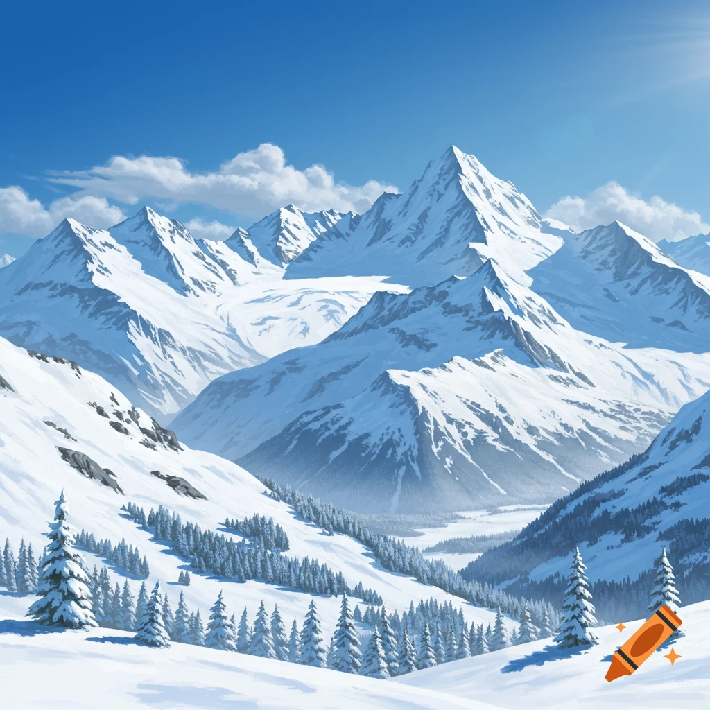 Illustrative painting of a vast snowy mountain range with evergreen trees in a valley under a clear blue sky.