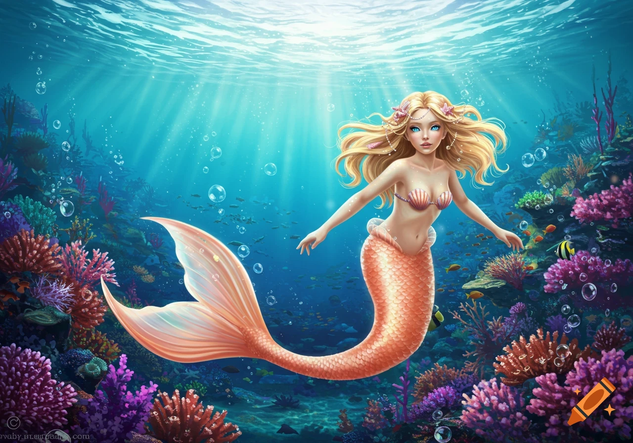 A blonde mermaid with an orange tail and seashell top swims in a vibrant coral reef under sunlit blue water.