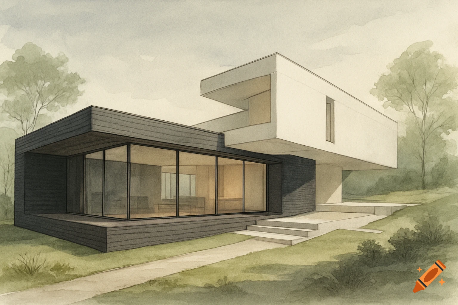 Modern two-part house with large windows on a grassy hill, rendered in a watercolor art style.