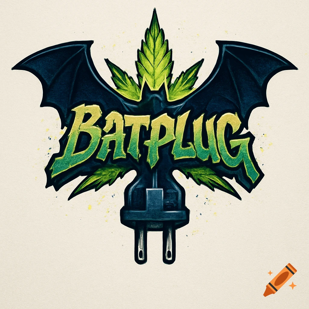 A stylized logo featuring dark bat wings, green marijuana leaves, and an electrical plug, with the text "BATPLUG" in green and yellow.