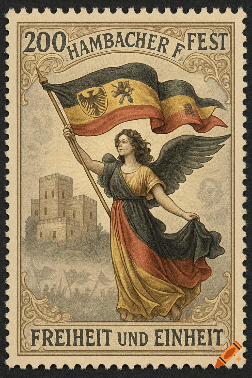 A vintage-style postage stamp featuring a winged woman in a German flag-colored dress holding a flag, with a castle and crowd in the background. Text reads "200 HAMBACHER F.FEST" and "FREIHEIT UND EINHEIT".