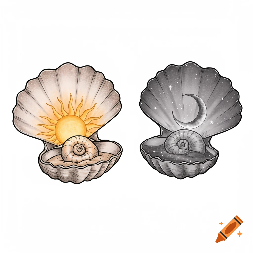 Two matching tattoo designs of open seashells: one with a sun, the other with a crescent moon and stars.