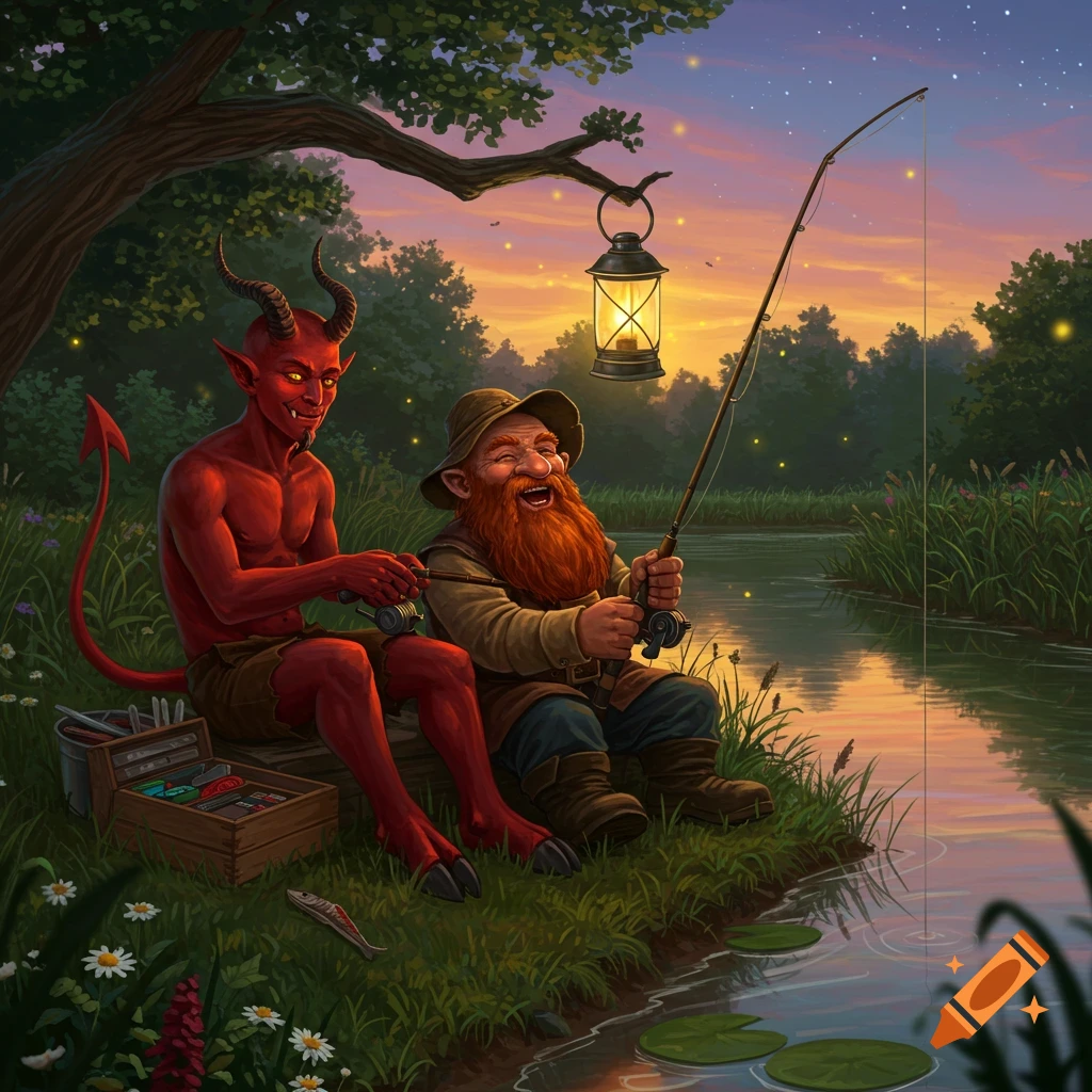 A red devil and a smiling dwarf fish by a river at sunset, with a glowing lantern and fireflies in a detailed illustration.