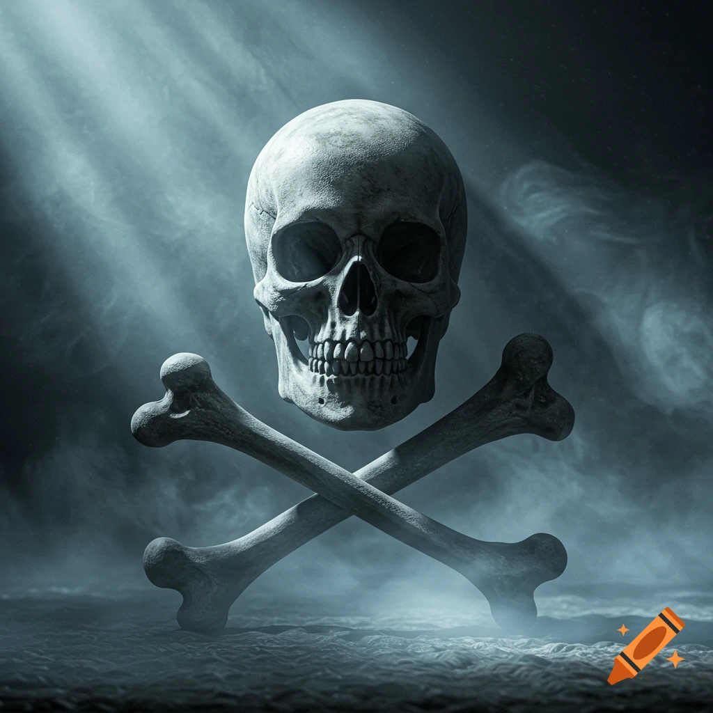 A photorealistic human skull with two crossed bones beneath it, bathed in light rays against a dark, foggy background.