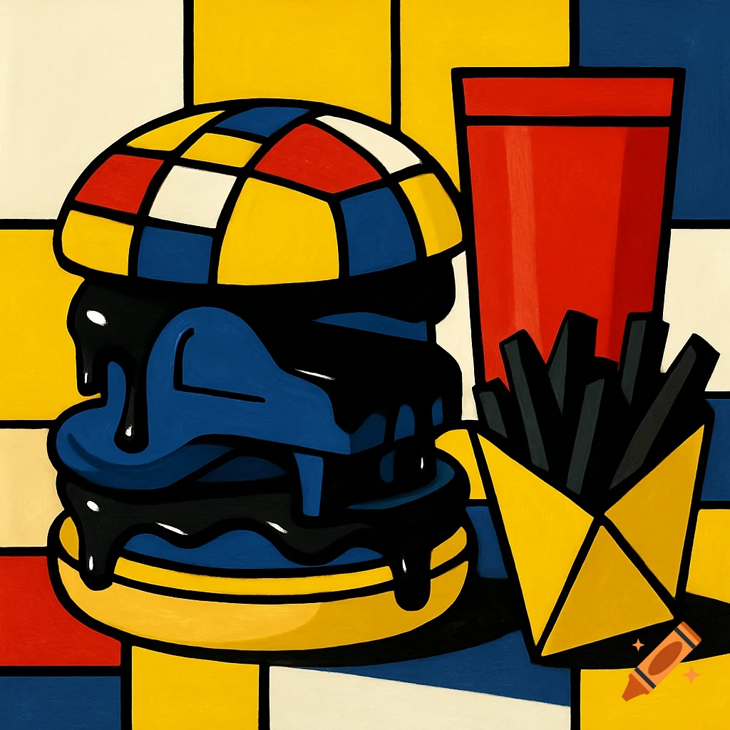 A stylized fast-food meal in Piet Mondrian's style, with a checkerboard bun burger, blue steak, black cheese, black fries, and a red drink against a primary color grid.