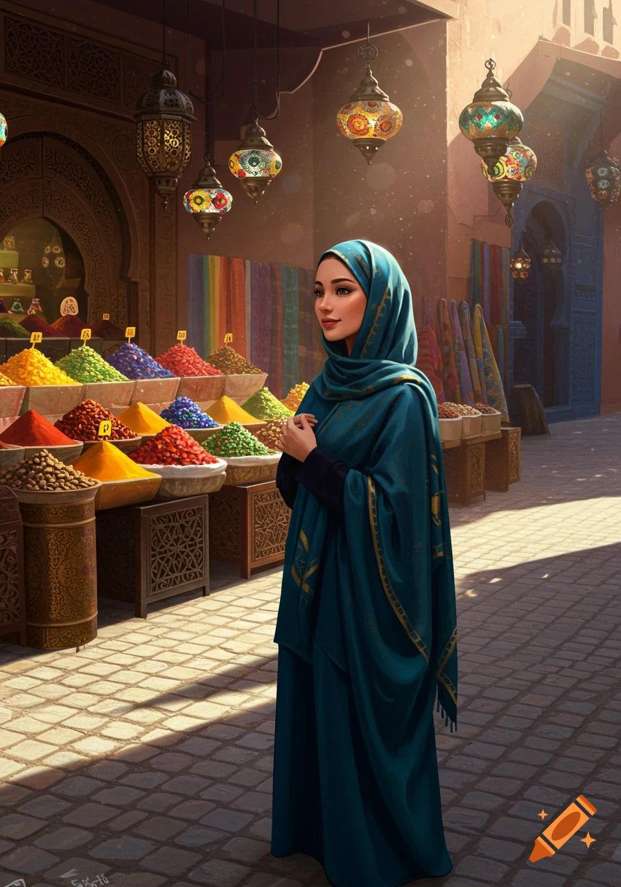 A woman in a blue hijab stands in a vibrant Middle Eastern spice market under decorative lanterns.