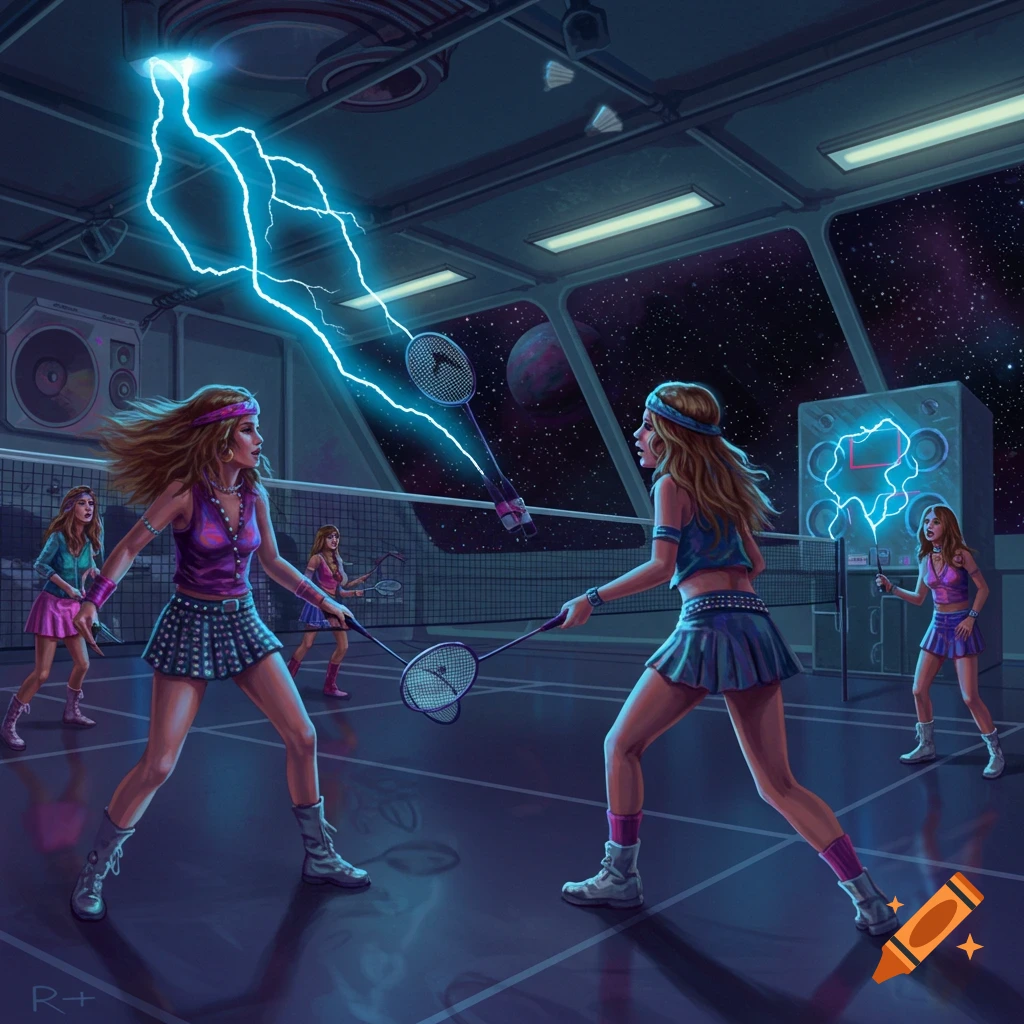 Four rocker girls play badminton with lightning rackets in a futuristic gymnasium overlooking space.