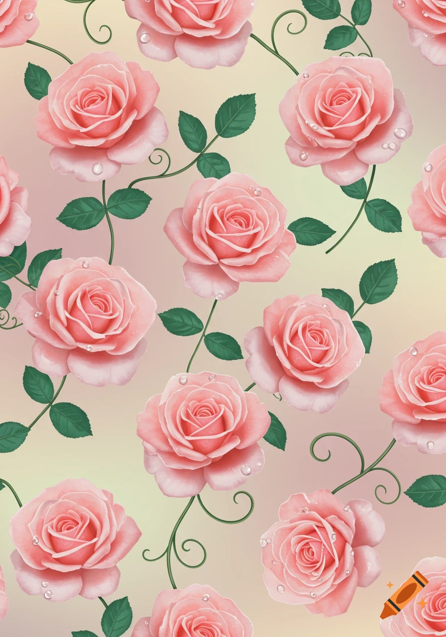 Seamless pattern of light pink roses with green leaves and water droplets on a soft gradient background.