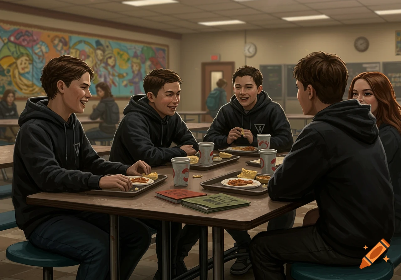 A group of cheerful teenagers in black hoodies are seated at a table in a school cafeteria, eating lunch and conversing in a painted style.