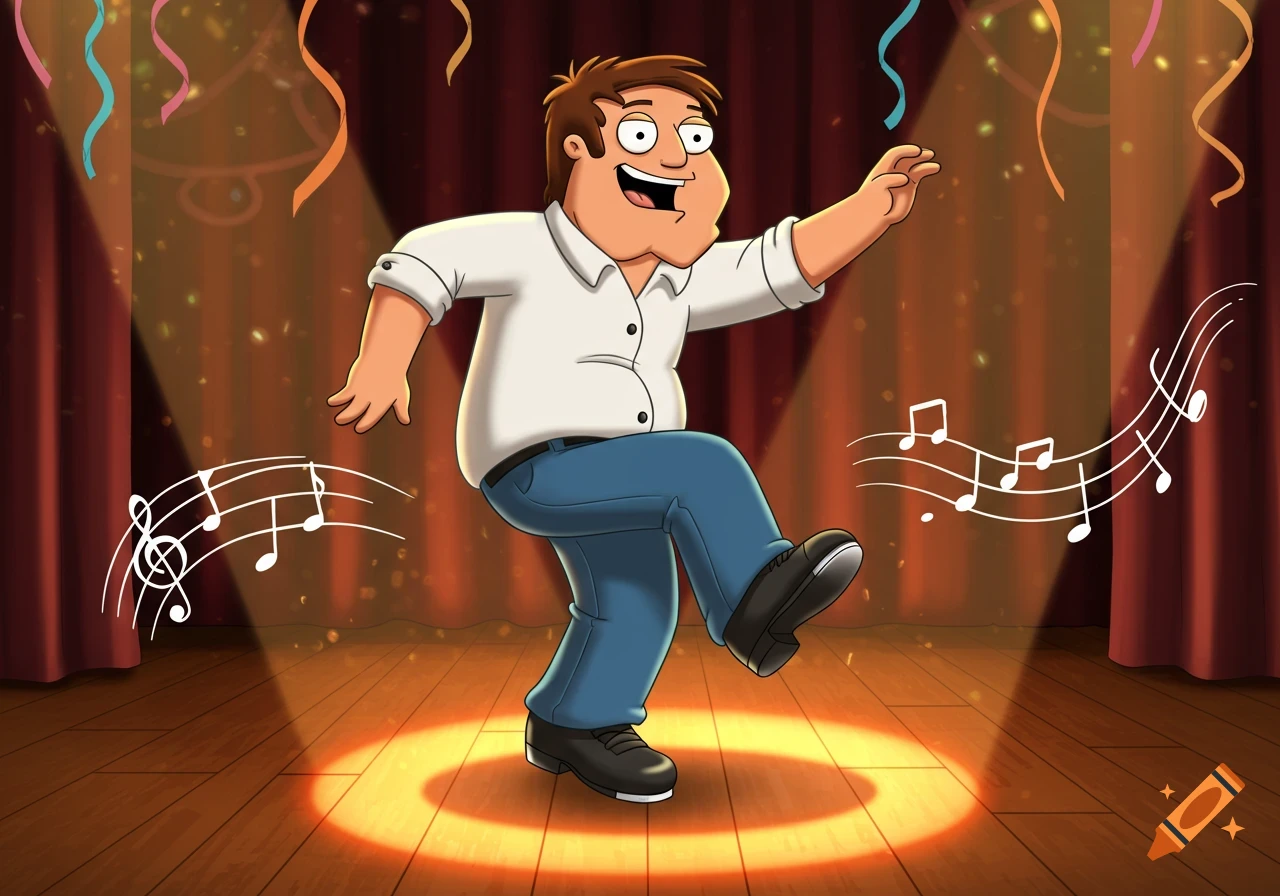 A cartoon man resembling Peter Griffin tap dancing energetically on a spotlighted stage, surrounded by musical notes and colorful streamers.