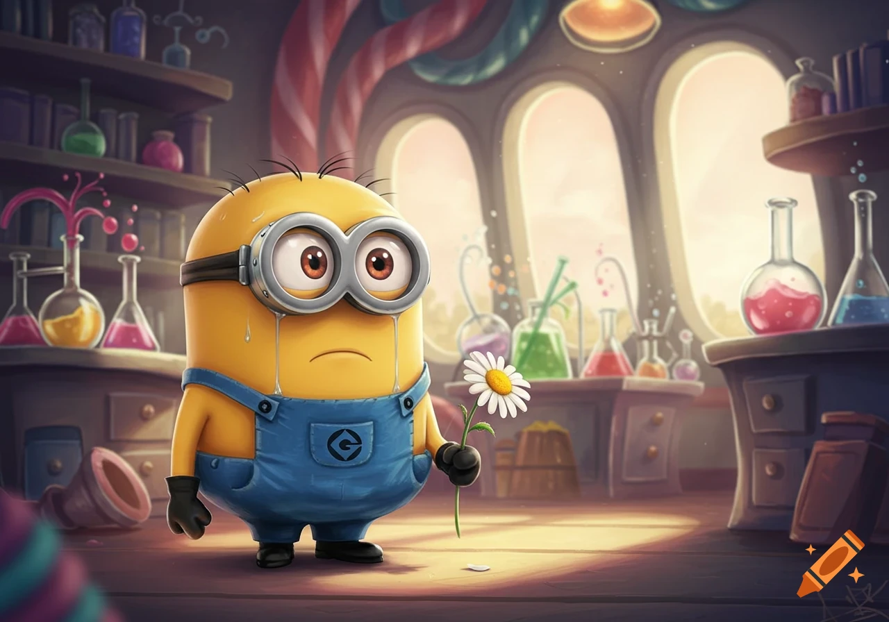 A sad, crying Minion holding a white daisy in a laboratory filled with colorful beakers and test tubes.