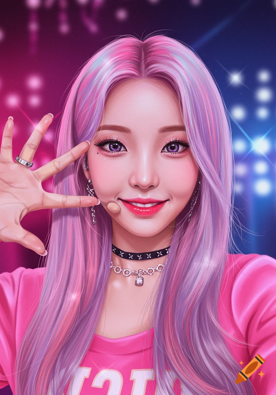 Digital illustration of a smiling K-pop idol with long pink and purple hair, purple eyes, a choker, and a microphone, posing against a blurry, neon-lit background.