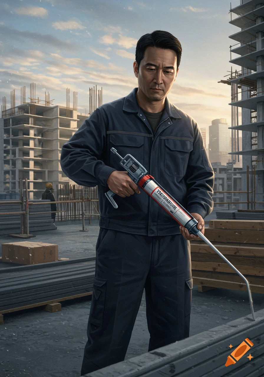 An Asian man in work clothes holds a caulk gun at a construction site.