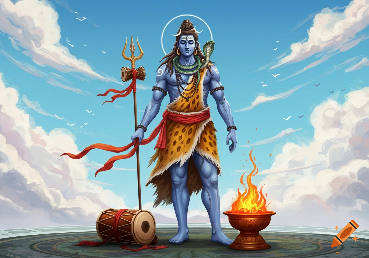 Blue-skinned Shiva stands on a platform under a blue sky, holding a trident, with a cobra, drum, and fire bowl, in an illustrative style.
