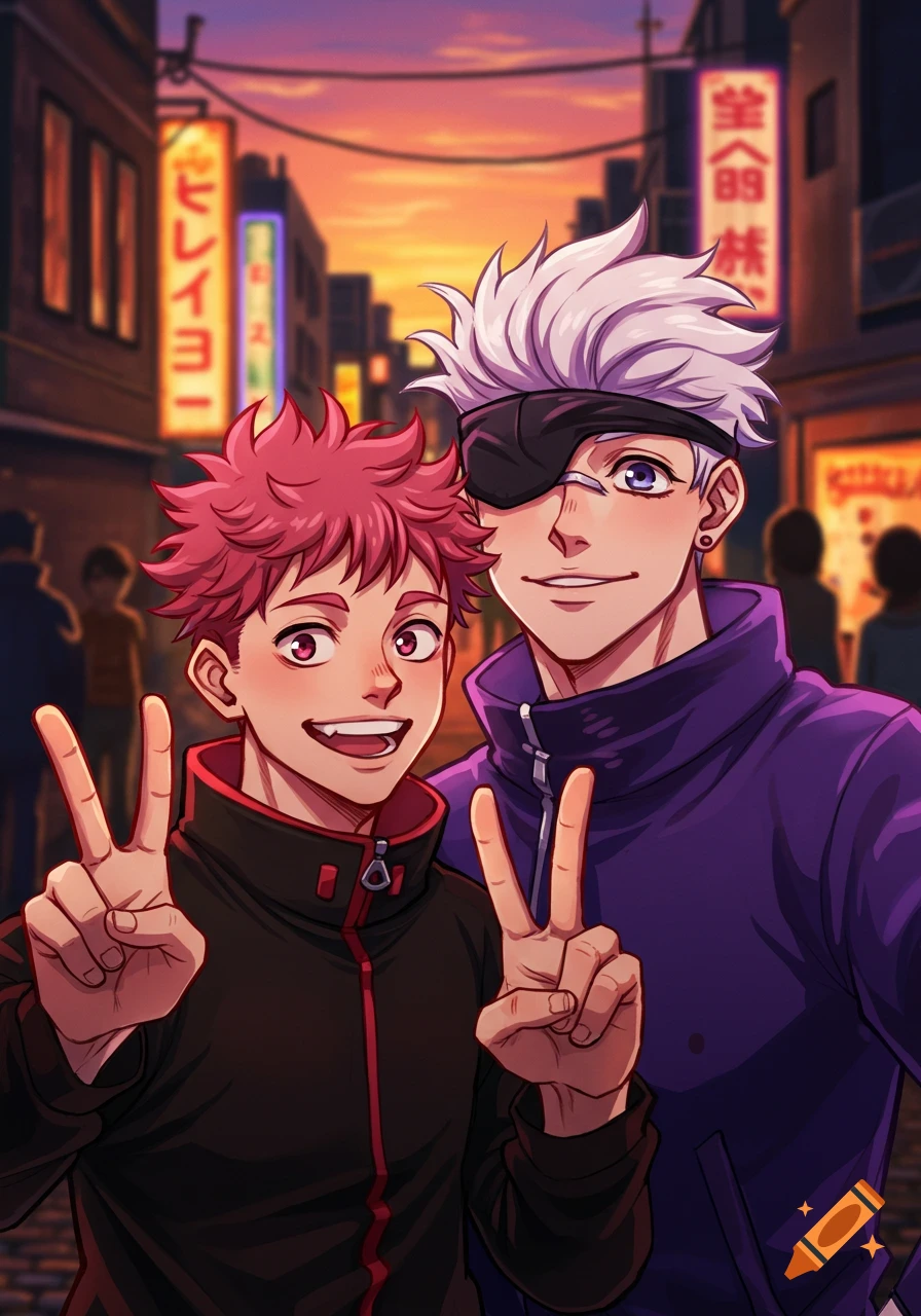 Anime characters Itadori Yuji and Gojo Satoru make peace signs on a bustling city street with neon signs at sunset.