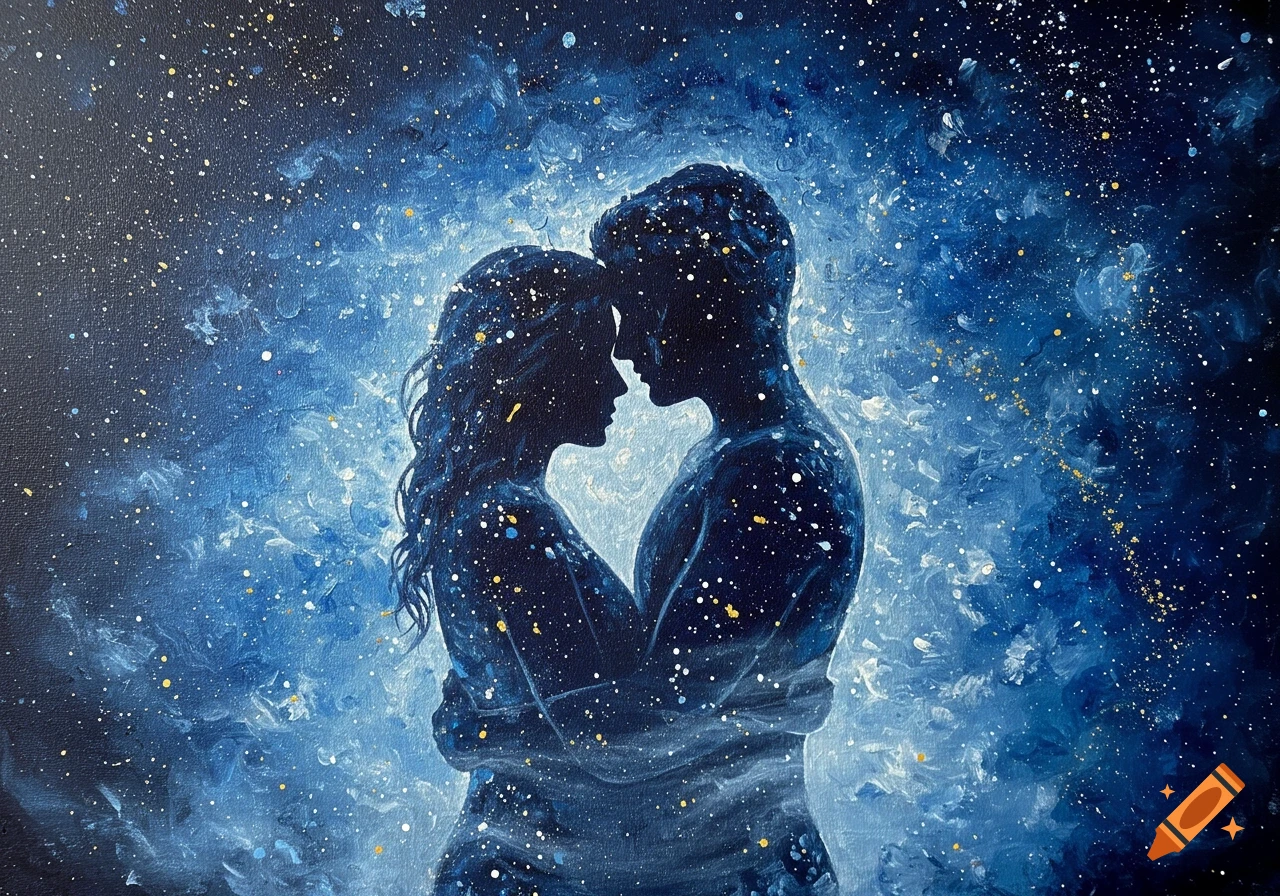 Acrylic painting of two silhouetted figures embracing, surrounded by a swirling blue and white galaxy with scattered stars.