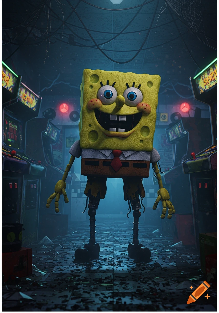 A horror-style Spongebob Squarepants animatronic with exposed joints and a wide grin stands in a dark, abandoned arcade with broken machines.