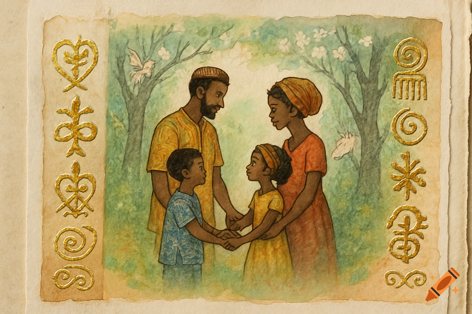 A watercolor illustration of an African American family, with a mother, father, son, and daughter holding hands, framed by golden African symbols.