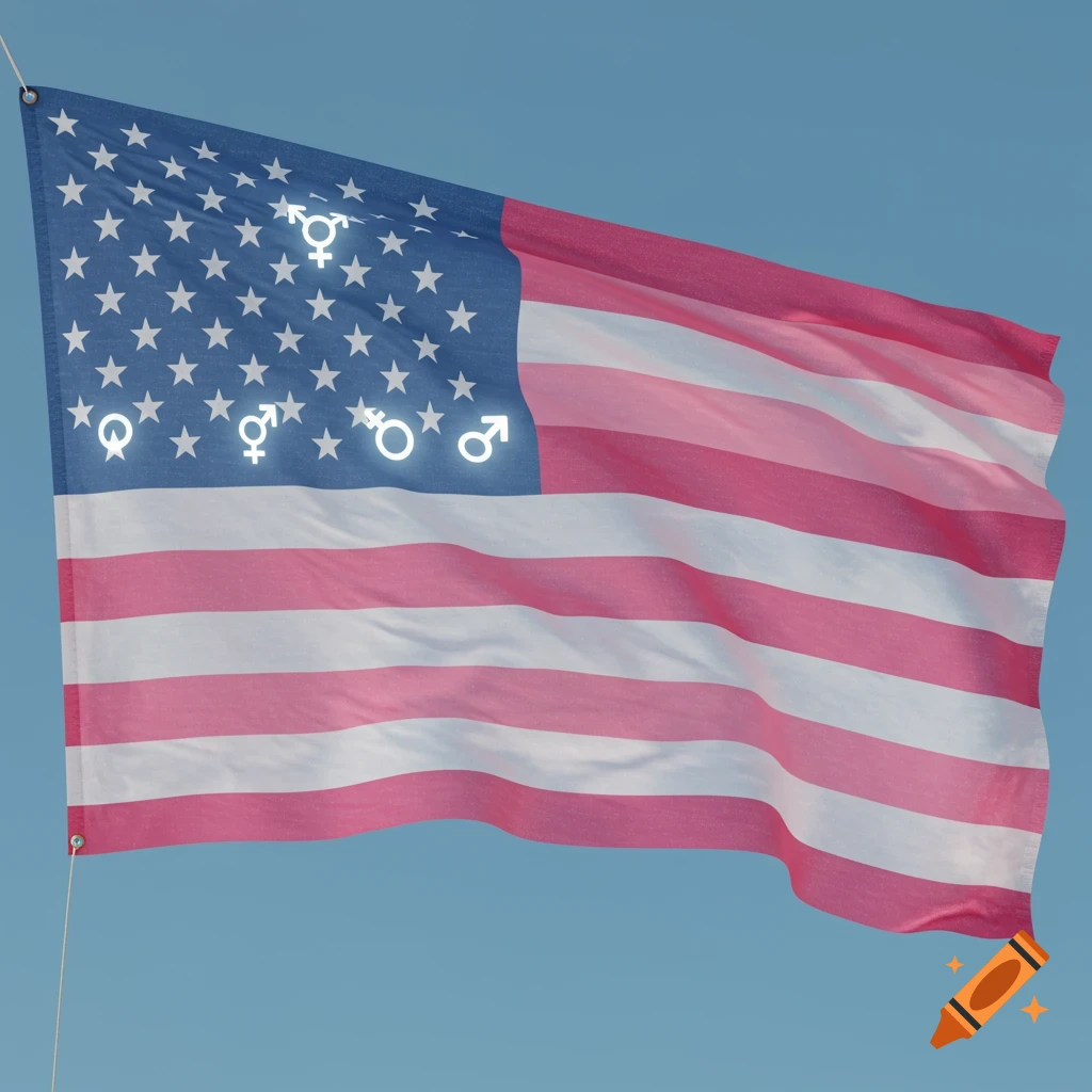 A US flag with pink and light blue stripes and white transgender symbols replacing the stars, waving against a clear blue sky.