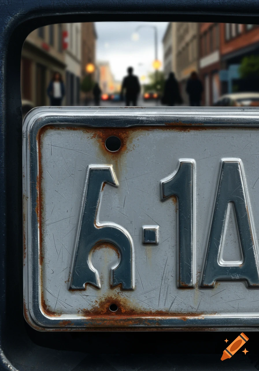 Close-up of a rusty, scratched license plate with blurred city street and people in the background.