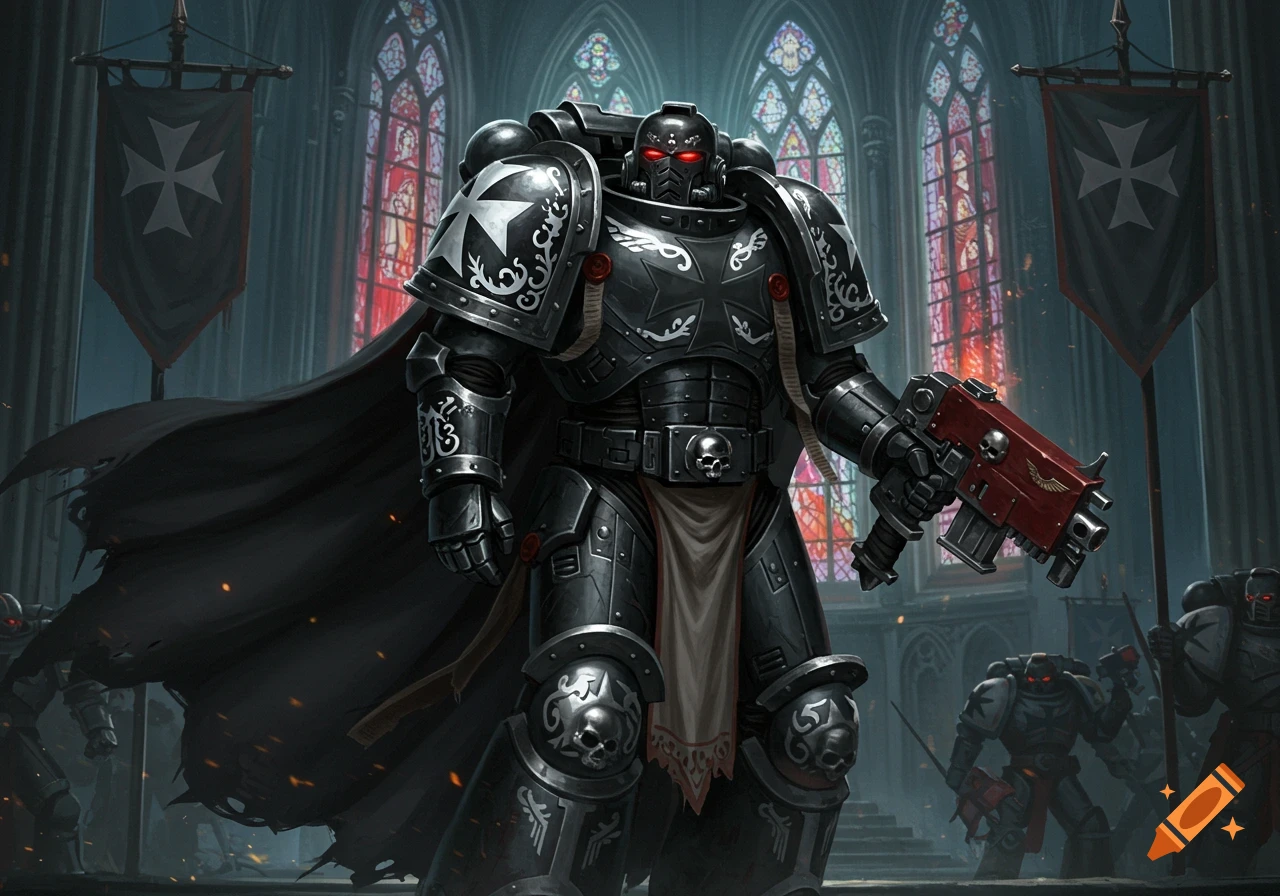 A heavily armored Warhammer 40k Black Templar Space Marine in black and white power armor stands in a gothic cathedral.