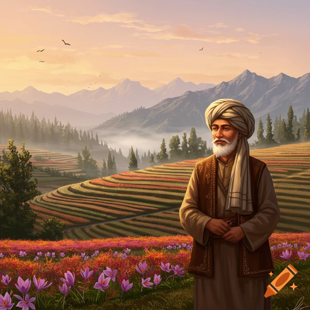 An elderly man with a white beard and turban, dressed in traditional attire, stands in a vibrant field of terraced flowers with mountains at sunset.