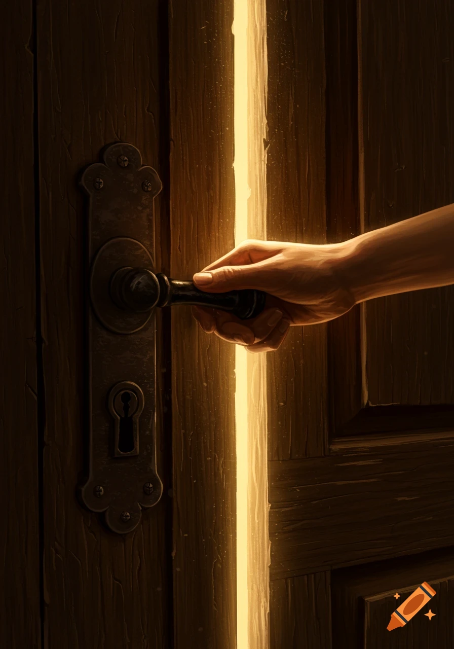 A hand turns a doorknob on a rustic wooden door, with bright golden light streaming from the crack.