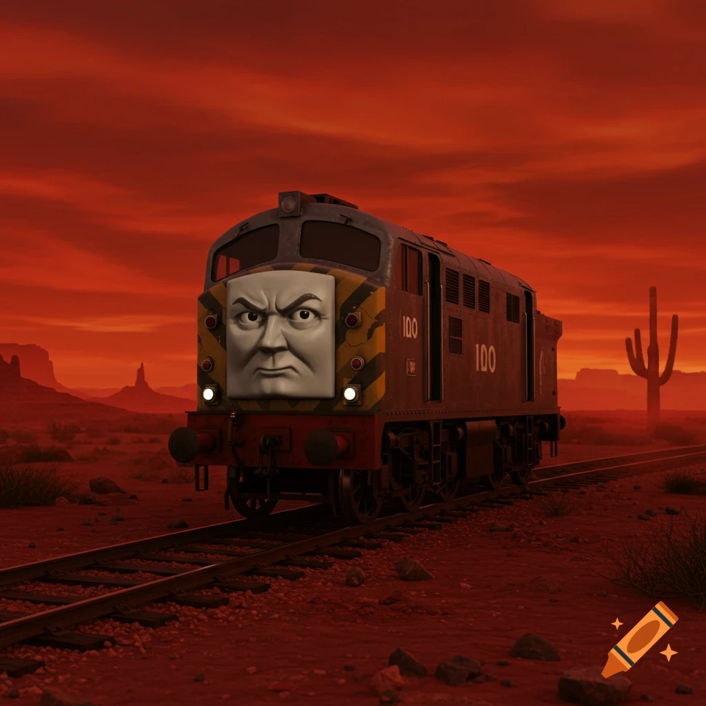 A dark diesel train with a scowling face, numbered 100, on tracks in a red desert at sunset with a saguaro cactus.