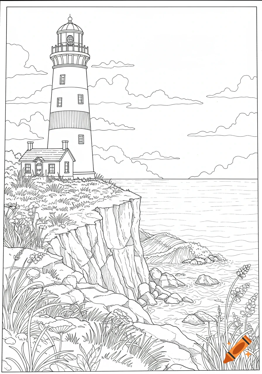 Line drawing of a lighthouse and a small house on a cliff overlooking the ocean with waves and clouds, in a coloring book style.