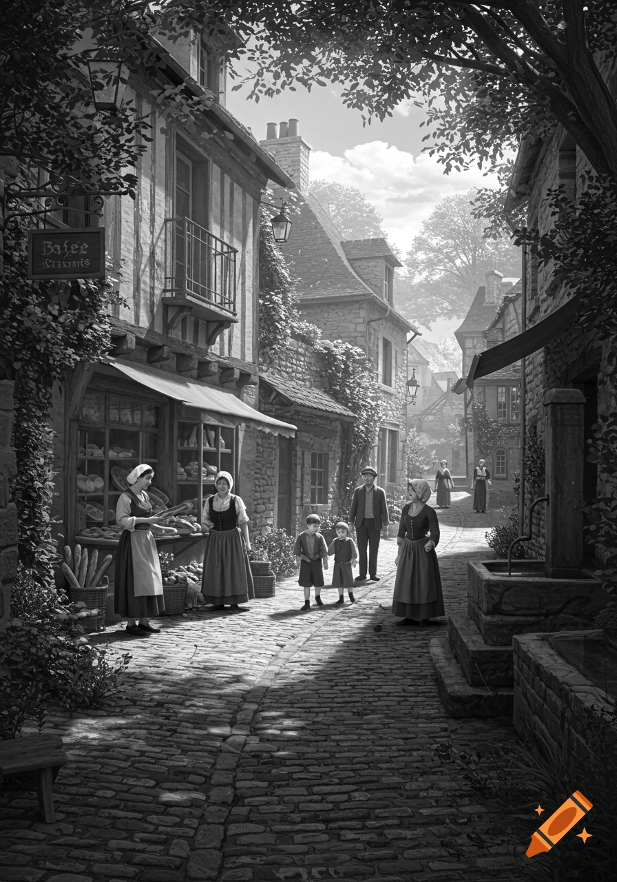 A black and white illustration of a bustling French village street with people in historical attire, cobblestones, and quaint buildings.