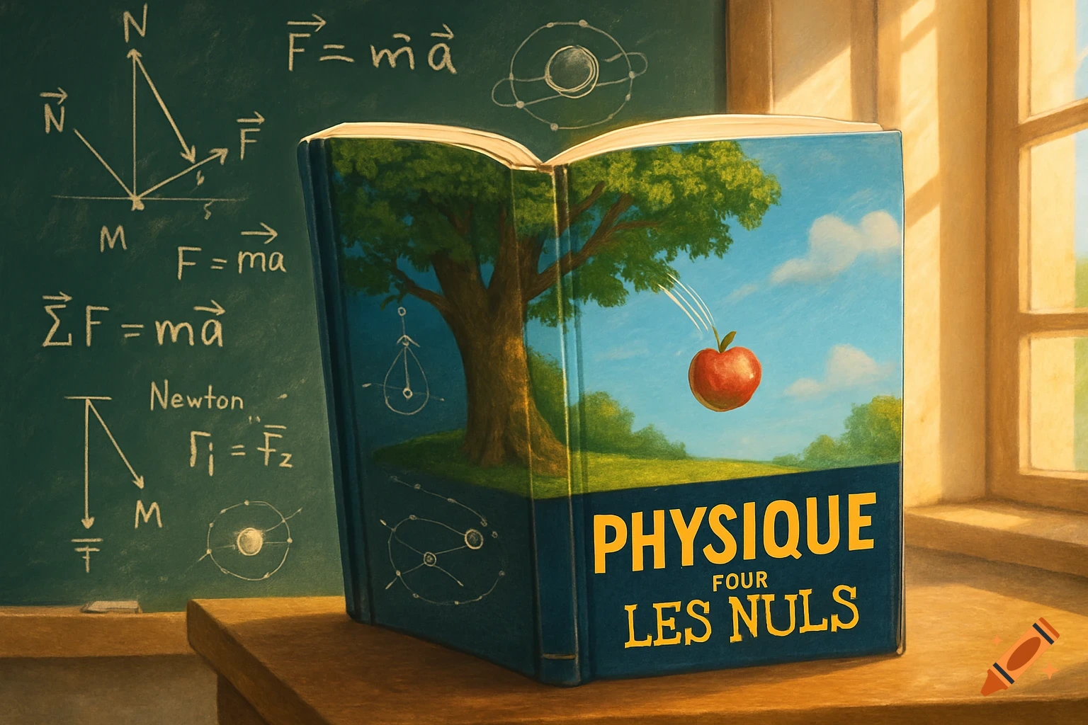 A physics book 'Physique pour les Nuls' on a desk, open to an apple falling from a tree. A chalkboard with Newton's laws is in the background.