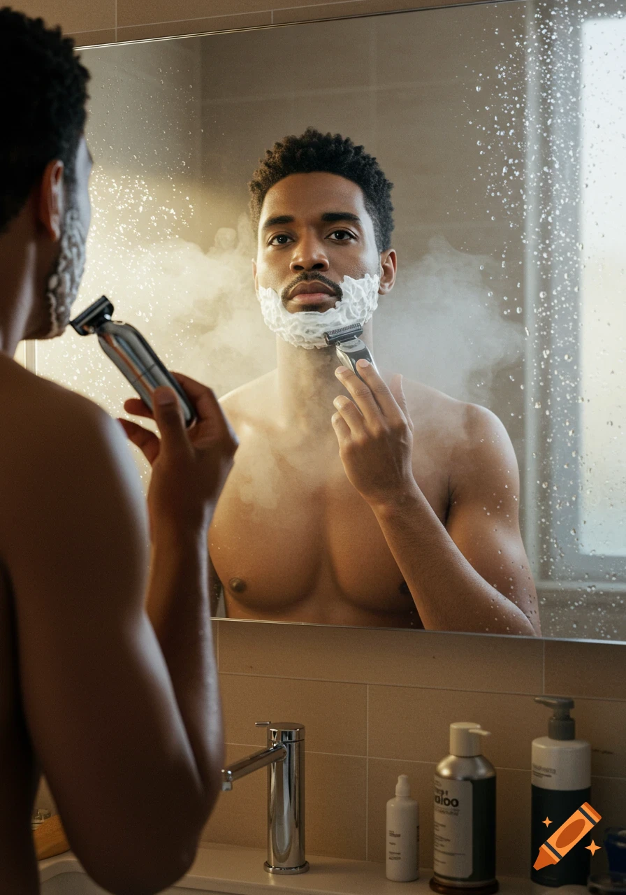 A man with shaving cream on his face shaves with an electric razor, reflected in a steamy bathroom mirror.