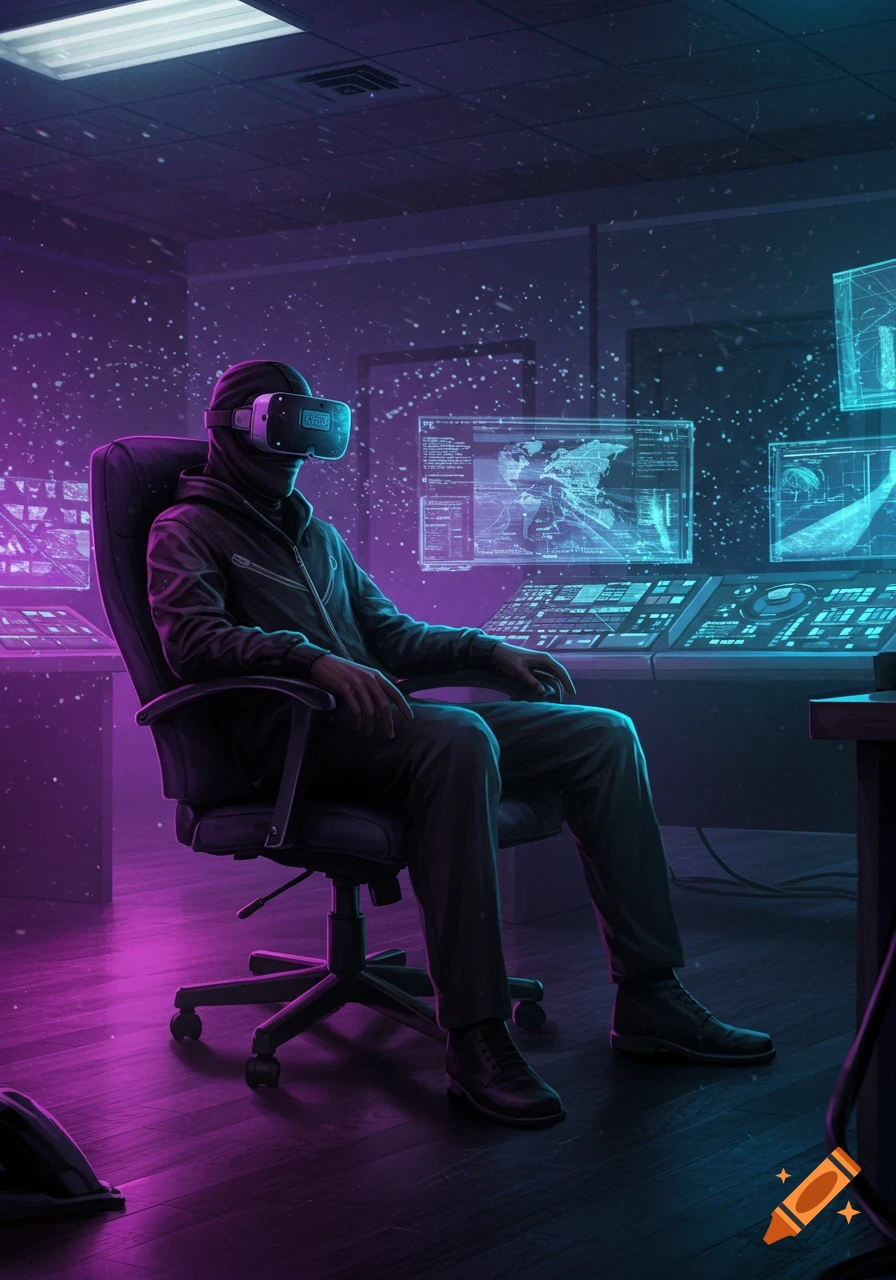 Digital art of a person in a balaclava and VR headset sitting in a chair in a neon-lit room with glowing computer screens.