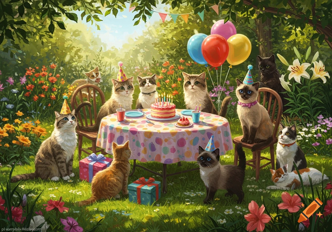 A group of cute cats in party hats celebrate a birthday around a table with a cake and balloons in a lush, sunny garden, digital painting.