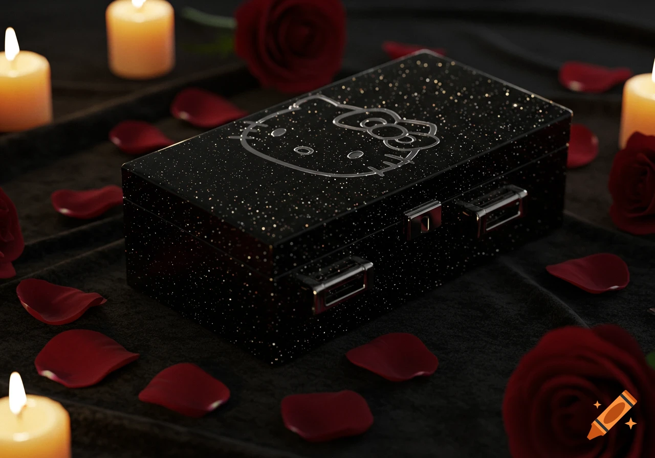 A sparkling black box with a Hello Kitty outline, surrounded by red rose petals and flickering candles on a dark surface.