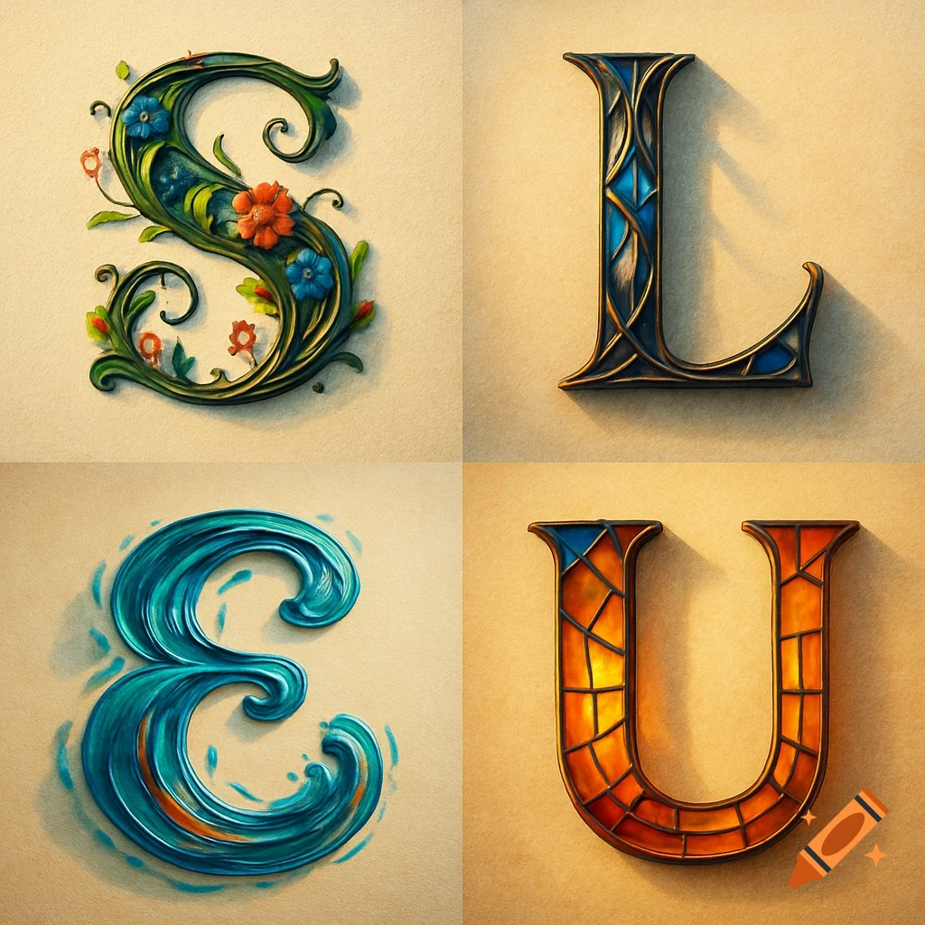 Four stylized letters (S, L, E, U) against a light background, each with a unique artistic design: floral, stained glass, and fluid.