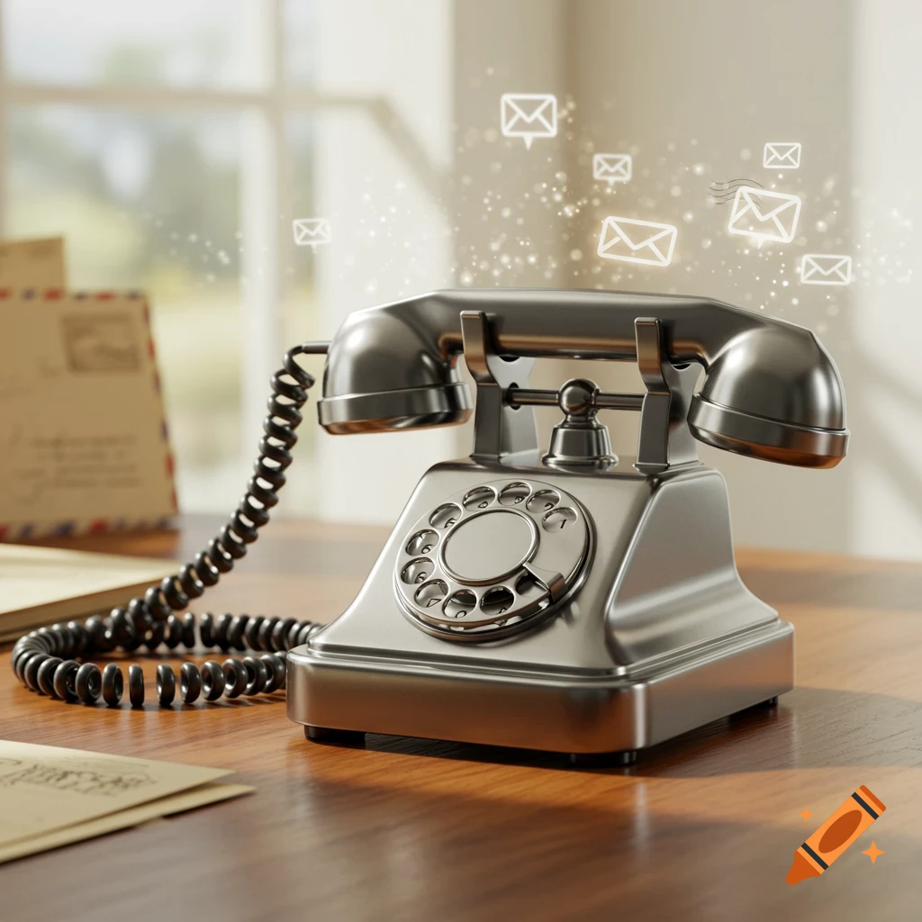 A shiny metallic retro rotary telephone on a wooden desk with glowing email icons floating above it.